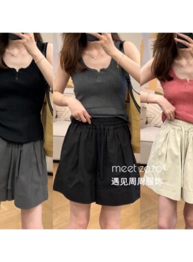 【周周】《抽绳短裤》韩版显瘦A字遮跨休闲棉质短裤女K46168
