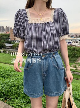 复古格子蕾丝上衣T06204