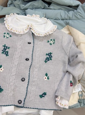 法单~女童灰色手工钩花羊毛开衫 儿童秋冬法式圆领针织衫 25新款