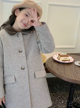 法单~女童羊毛混纺毛呢大衣 儿童秋冬灰色中长款大衣外套 25新款