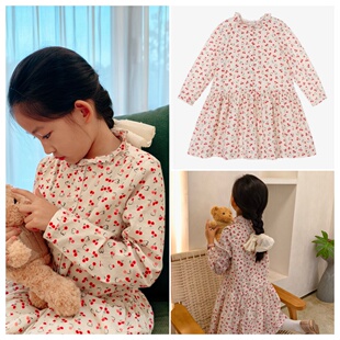 女童满印樱桃长袖连衣裙 儿童秋冬纯棉花边领裙子 25新款内搭裙