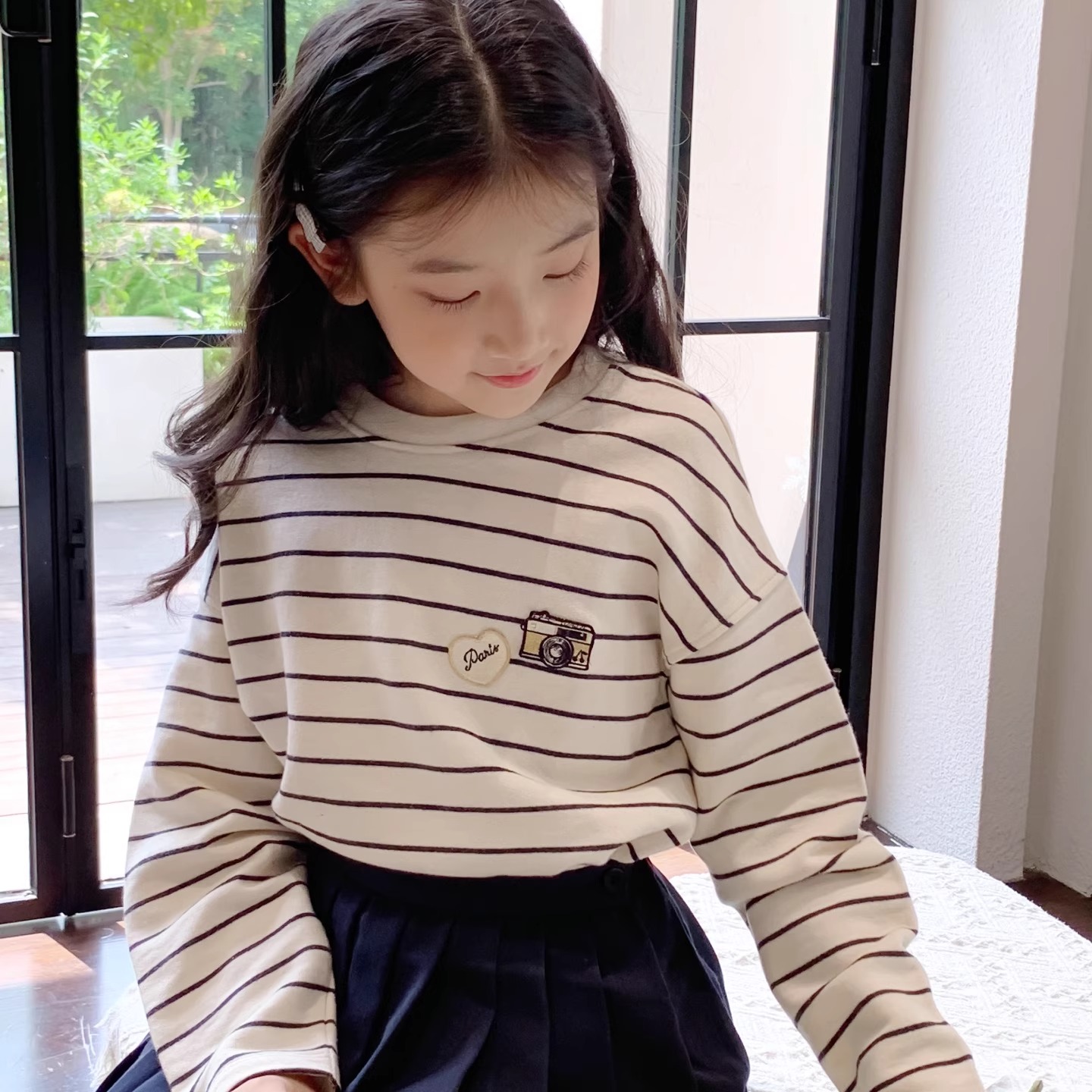 法式女童黑白条纹卫衣 儿童小毛圈秋季圆领卫衣 25秋冬新款