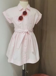 腰带款 淑女气质裙 短袖 连衣裙 儿童夏季 女童粉色衬衫 裙子 法单