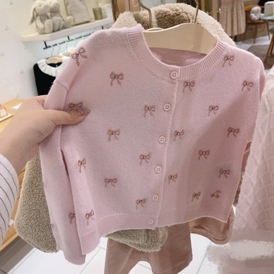 女童粉色蝴蝶结绣花羊绒开衫