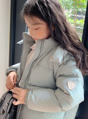 法单~女童浅蓝色连帽面包羽绒服 儿童袖章款短款羽绒外套 25秋冬