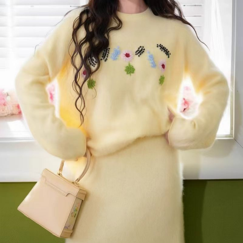 手工小花【奢品】羊绒拉绒拉毛圆领毛衣135斤内