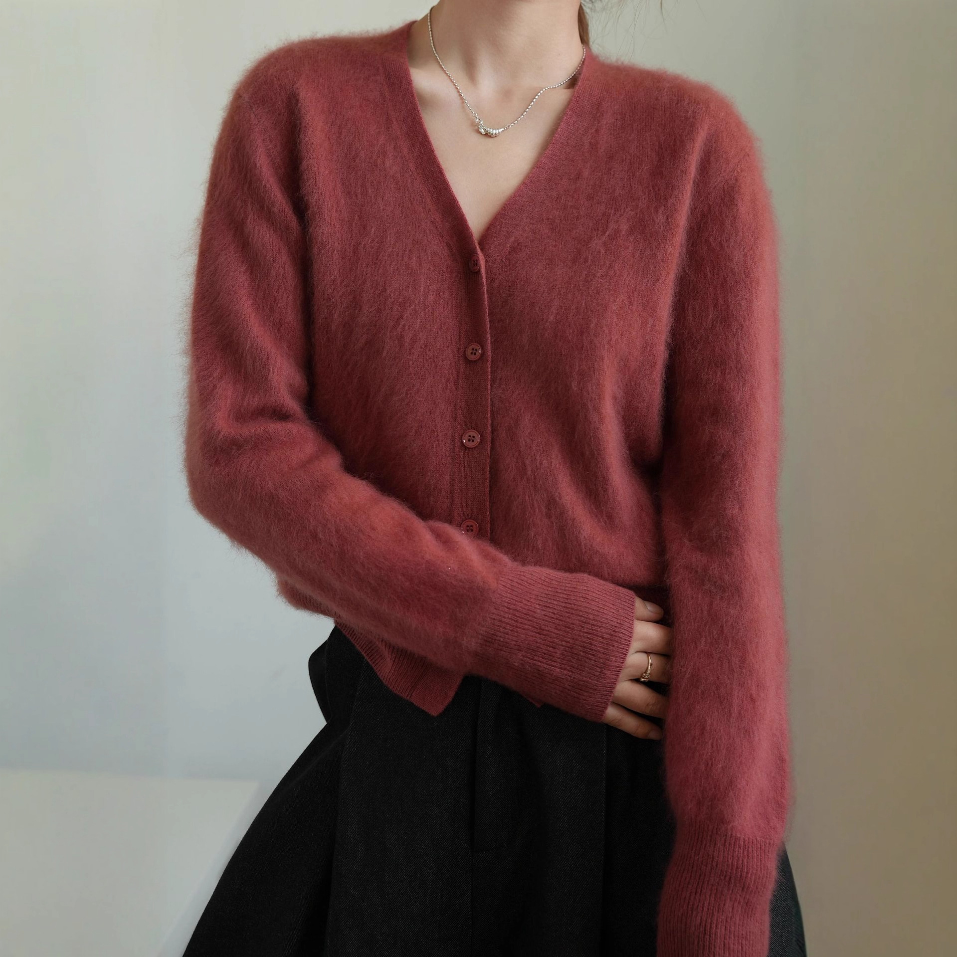 拉绒 25年新 5%山羊绒95%澳洲羊毛 无缝拉毛羊绒开衫女 慵懒舒适