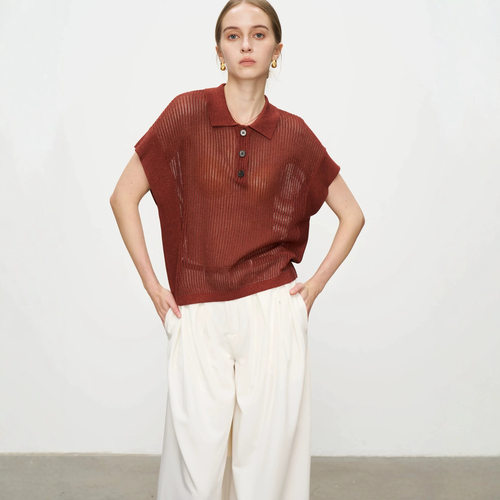 BC同款空气感~老钱风镂空针织网眼Polo翻领无袖针织衫上衣夏季薄