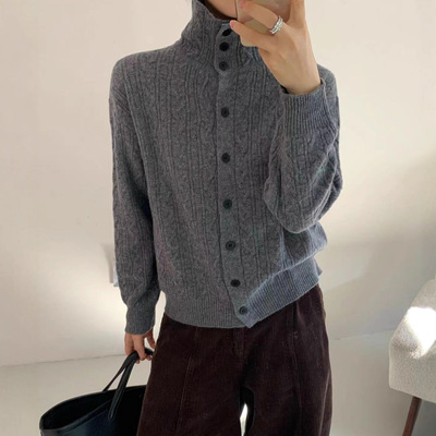 时尚复古高级感麻花全羊毛针织开衫女老钱风设计潮流冬装毛衣外套