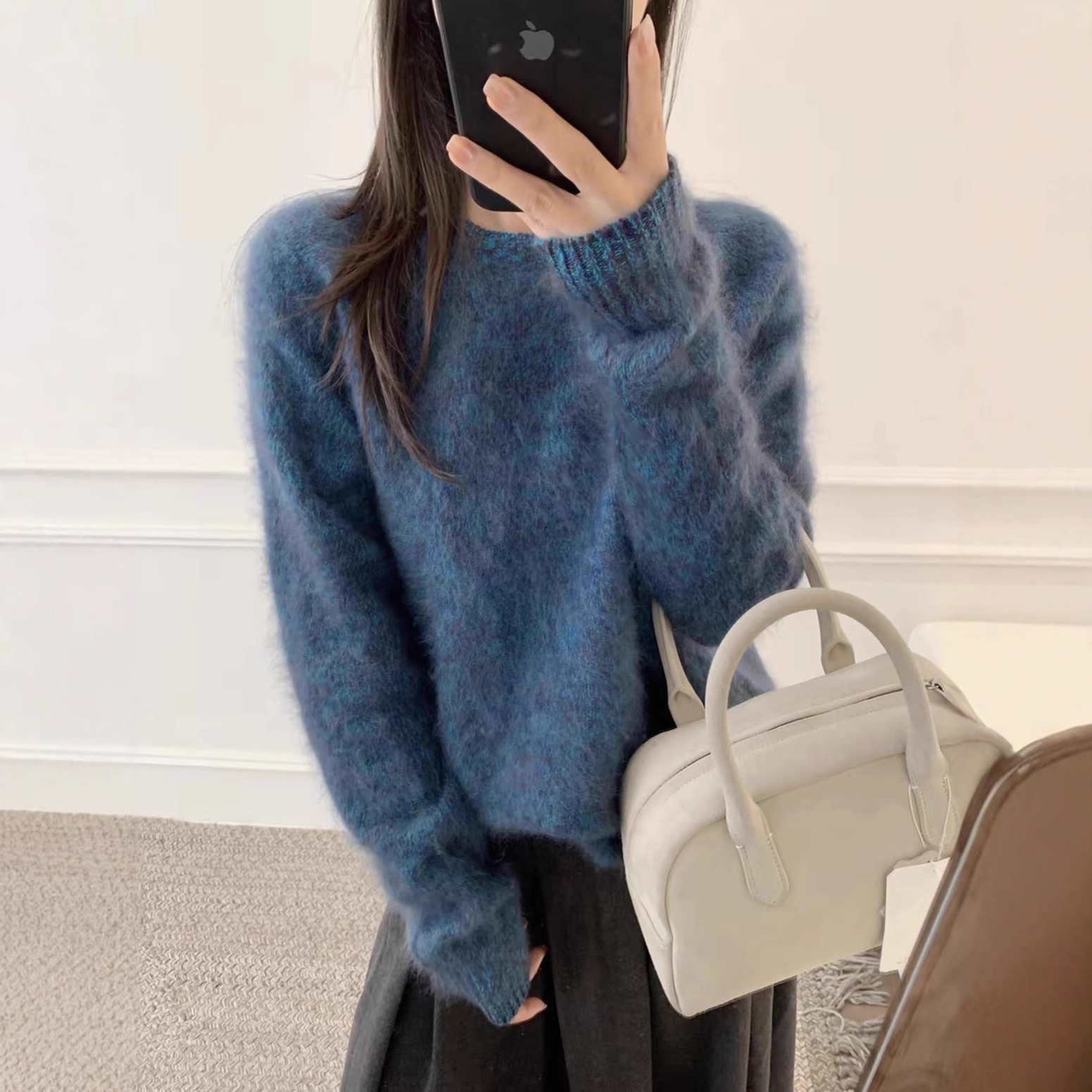 高端拉绒毛衣女秋冬新款蓝眼泪色保暖套头花纱上衣打底羊绒针织衫