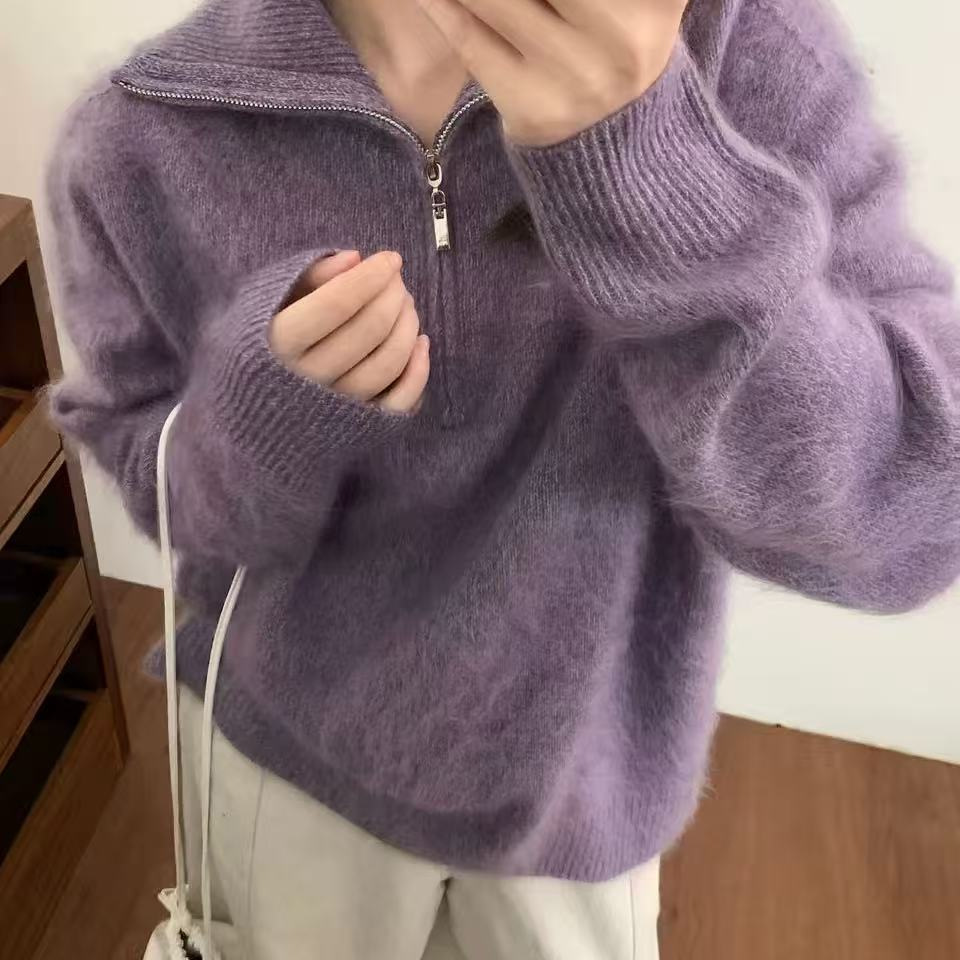 羊绒拉绒拉链大翻领厚慵懒羊毛拉毛毛衣135斤内孤品