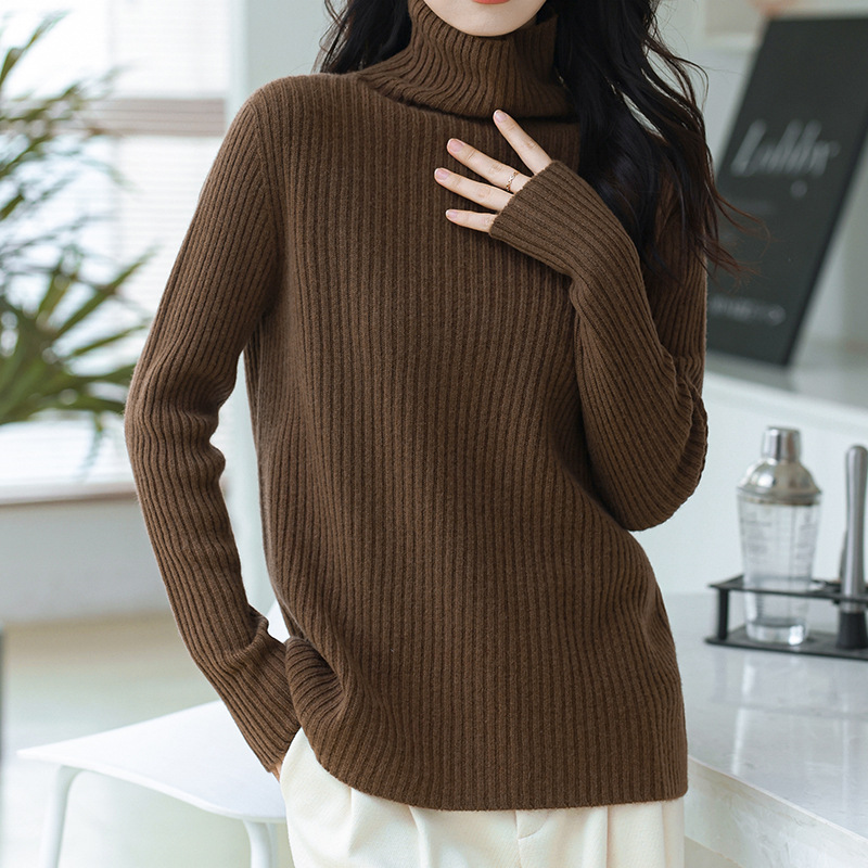 濮院羊毛衫女无缝一体高领100毛衣细羊毛坑条针织衫上衣2024新款