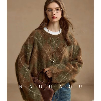 山羊绒羊毛混纺重工菱形格加厚拉毛绒慵懒打底衫