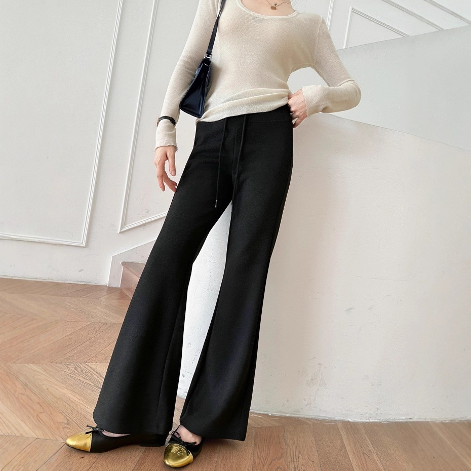 秋冬新款醋酸蚕丝羊绒拉毛显瘦直筒阔腿裤喇叭裤时尚百搭休闲裤女