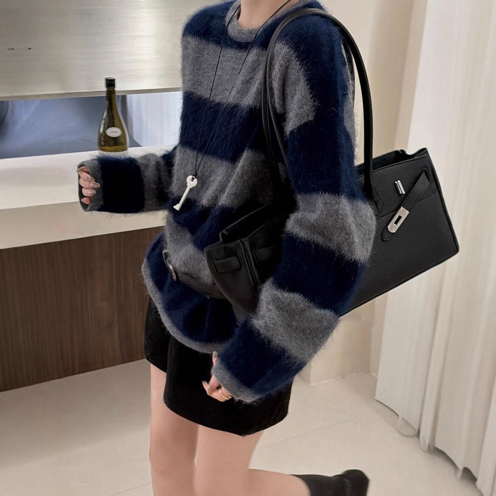 [拉绒系列]纯羊毛毛衣女秋冬条纹圆领针织衫25新款女装慵懒风上衣