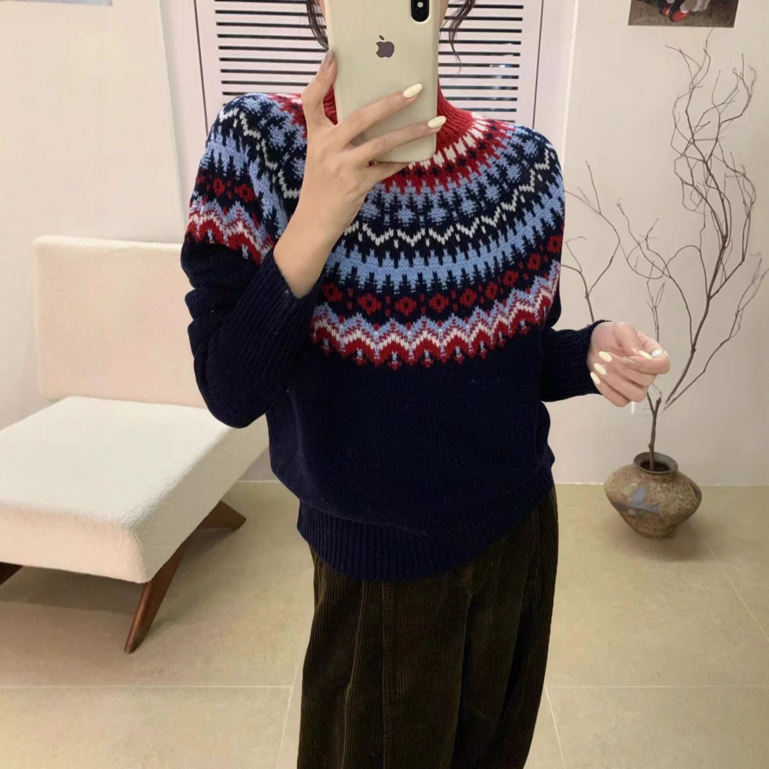 高级感费尔岛复古撞色提花半高领套头100%羊毛针织衫百搭慵懒毛衣