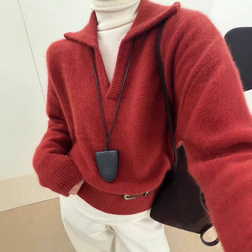 浣熊绒羊毛毛衣女秋冬厚上衣25新款冬季女装宽松剪刀领内搭针织衫