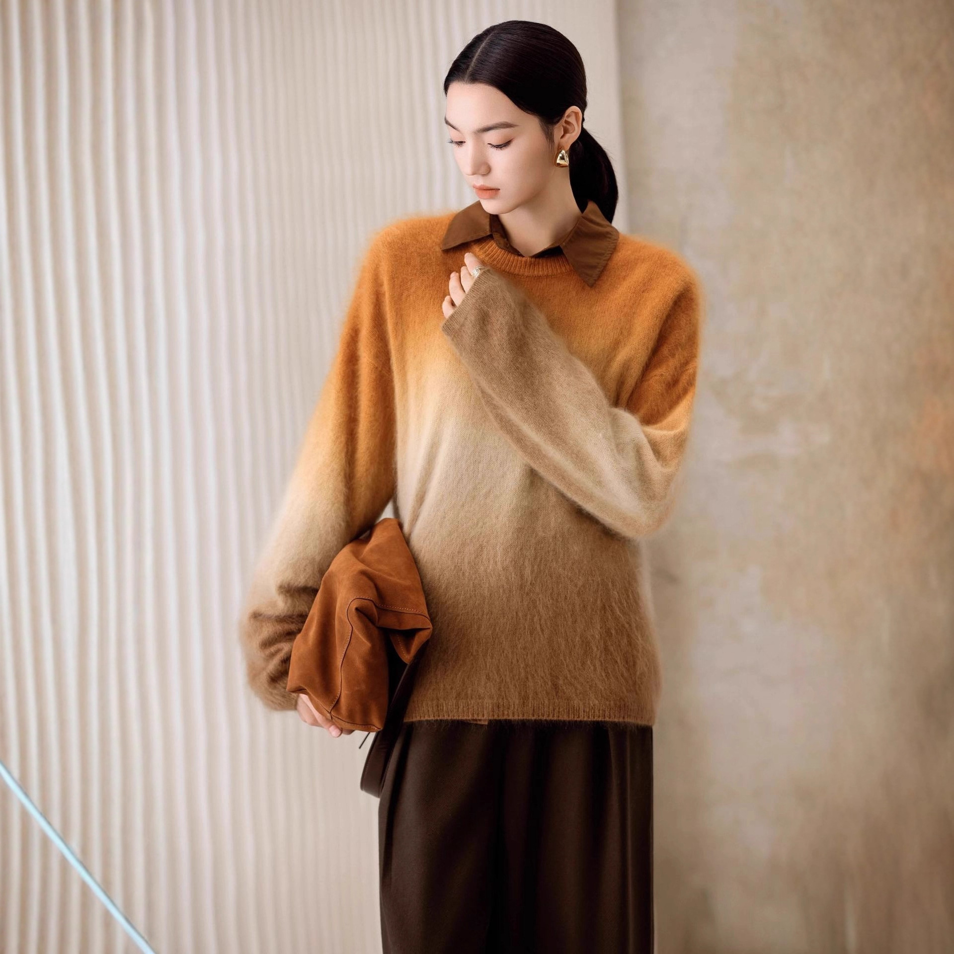 25秋冬新款 羊毛羊绒无缝 圆领拉毛套头衫 渐变色 濮院毛衫厂