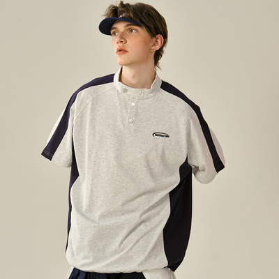MATCHA STORY抹茶故事复古美式拼色立领短袖男女设计款T恤潮半袖
