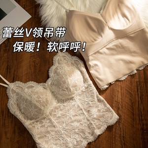 秋冬季法式V领蕾丝磨毛保暖吊带背心女士带胸垫内搭外穿打底上衣