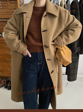 MochaHome 韩国羊驼毛加厚款廓形宽松牛角扣驼色大衣