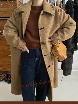 MochaHome 韩国羊驼毛加厚款廓形宽松牛角扣驼色大衣