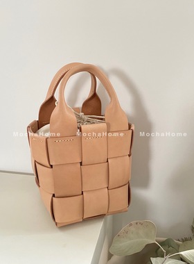 MochaHome 设计师小众编织mini牛皮水桶包手提包女小包