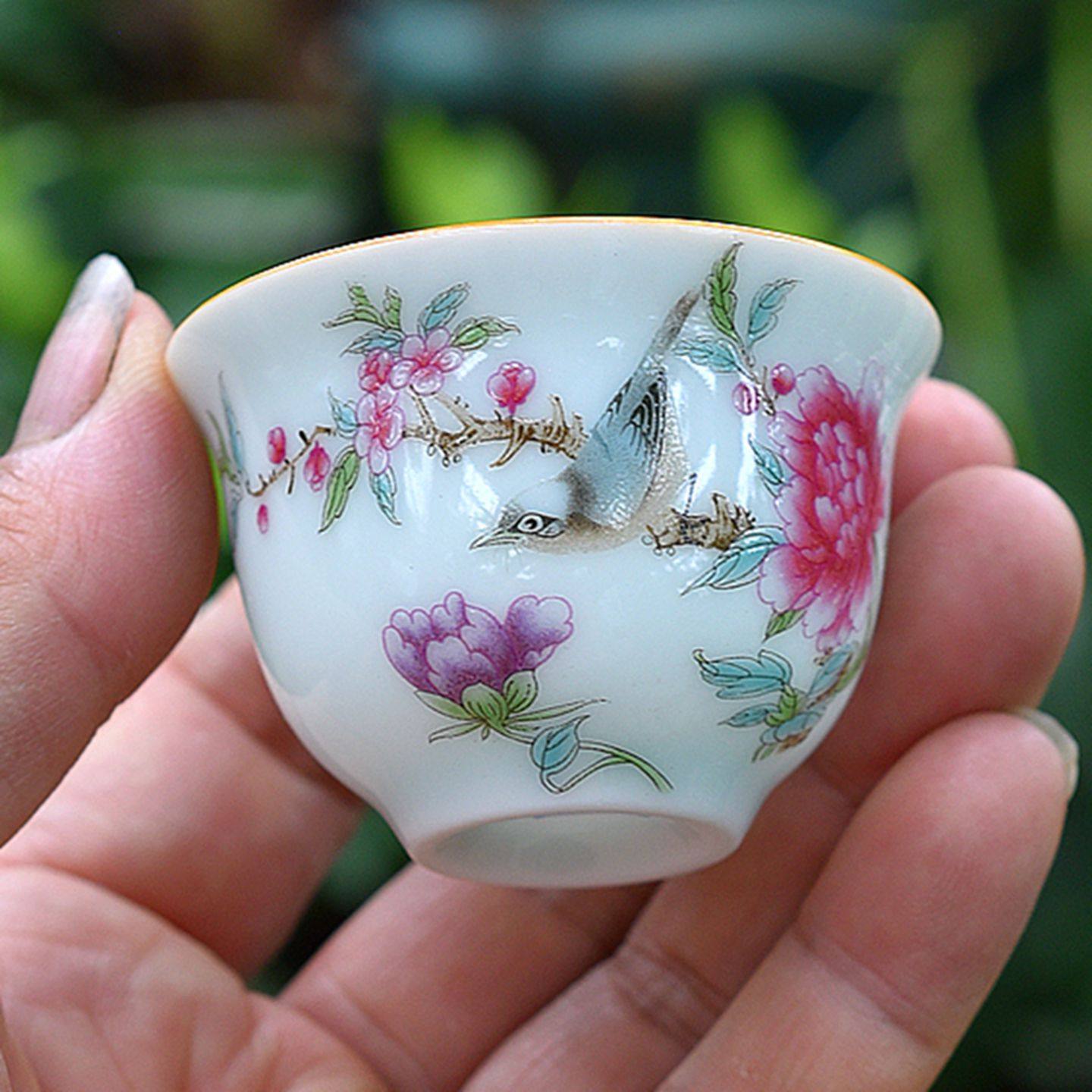 50毫升羊脂玉瓷粉彩手绘鸟语花香中式仿古小茶杯白酒盅家用酒杯