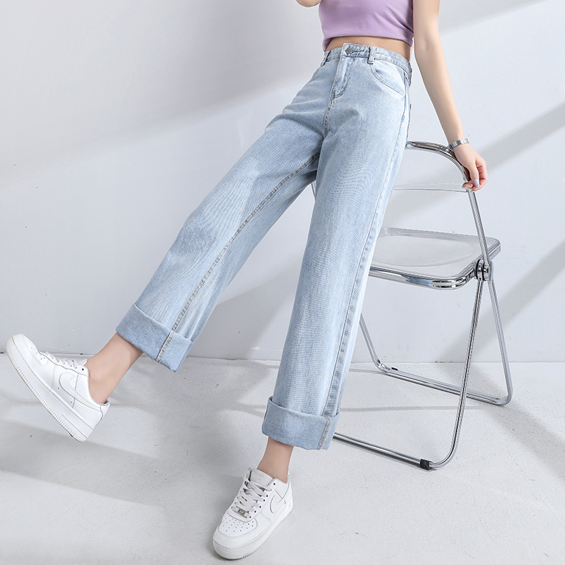 Real photo High Waist Wide Leg Pants Jeans Women's new slim and loose straight pants for summer 2021