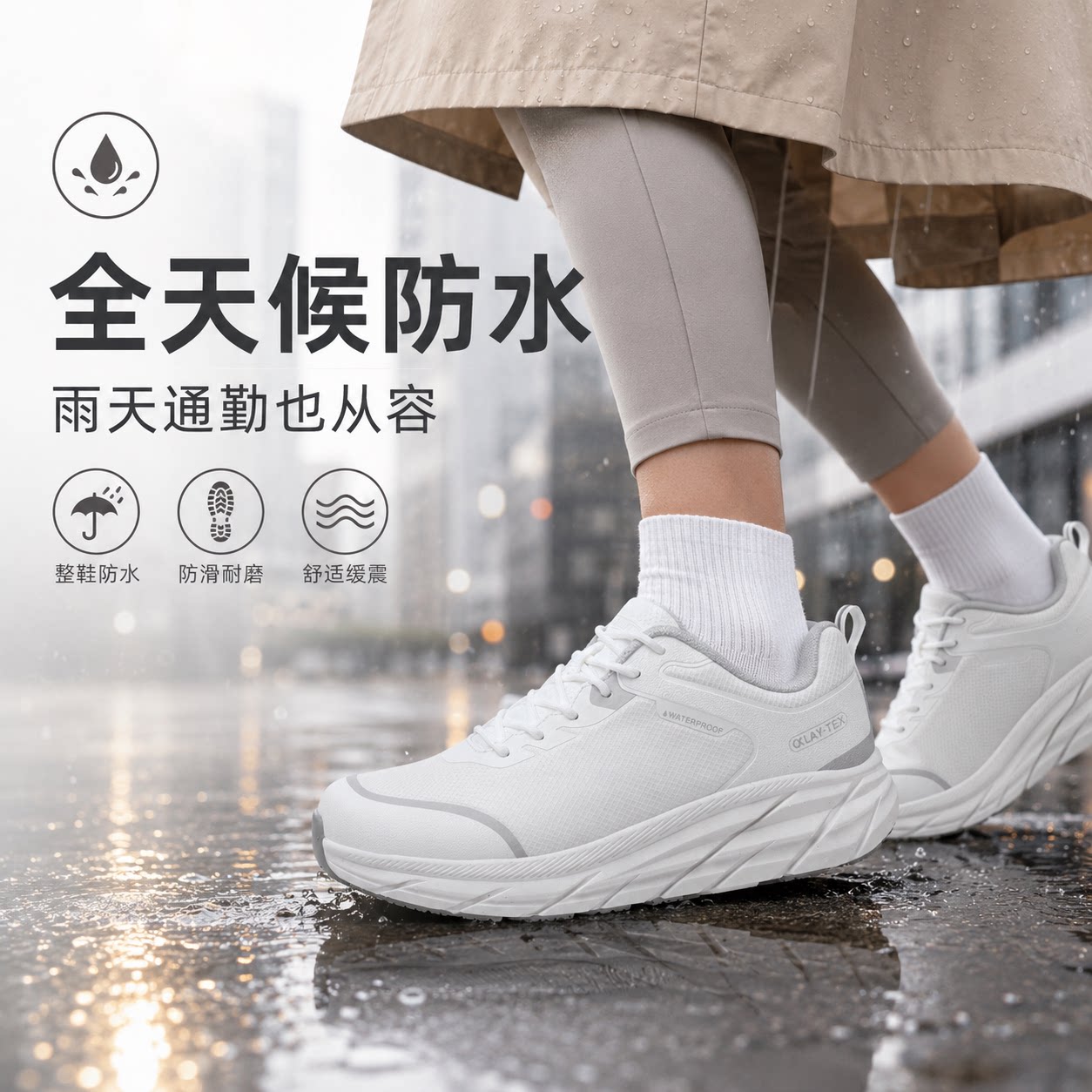 专业防水鞋女款白色休闲运动鞋轻便厚底雨天防雨跑步户外徒步女鞋图片