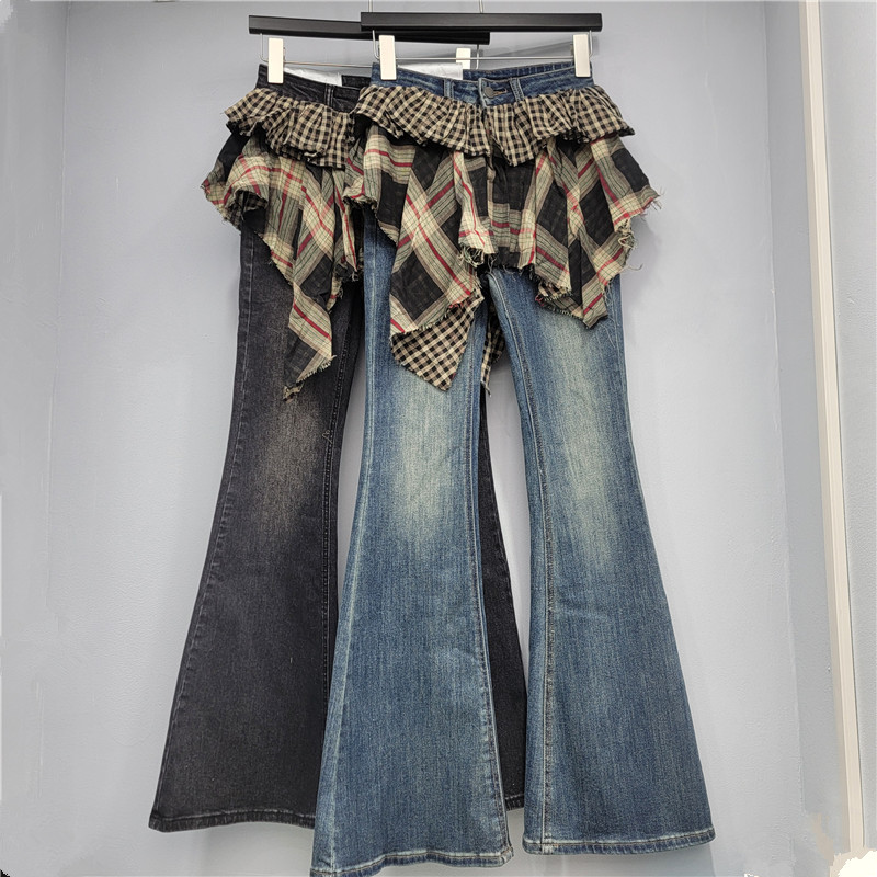 不规则设计拼接牛仔长裤女2025秋季新款时尚百搭弹力微辣拖地裤