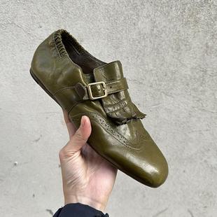 水洗马皮布洛克雕花2025年春季新款复古真皮底小单鞋女鞋