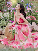 粉色印花连衣裙桃花坞连衣裙两层大裙摆8米用料度假裙AA