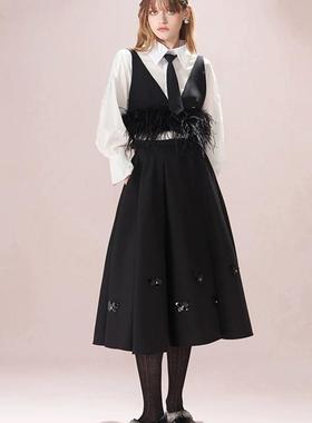 【AIVE*同款】黑色亮片半身裙蝴蝶手工钉珠黑色蓬蓬裙A字伞裙AA