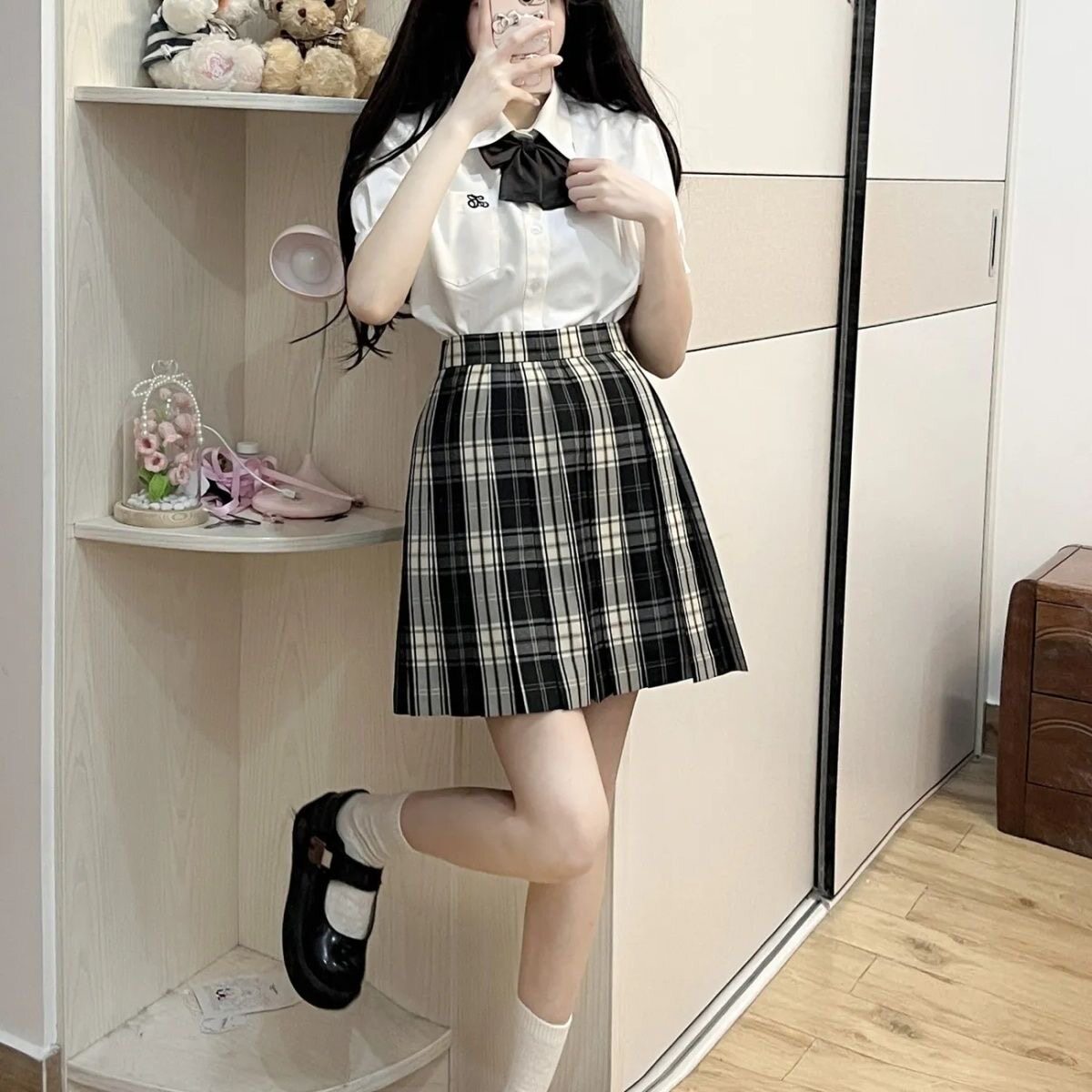 jk制服裙正版日系校供感黑白格裙百褶裙半身裙女夏季短裙黄格裙新