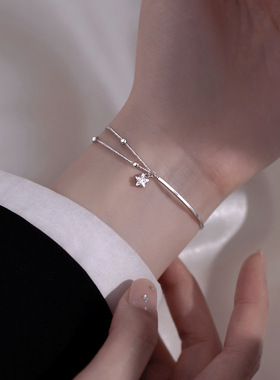 925银手链女ins小众设计简约双层森系手镯网红闺蜜生日礼物