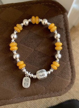 S925纯银招财纳福蜜蜡圆珠手链女时尚国风新中式气质串珠新品手饰