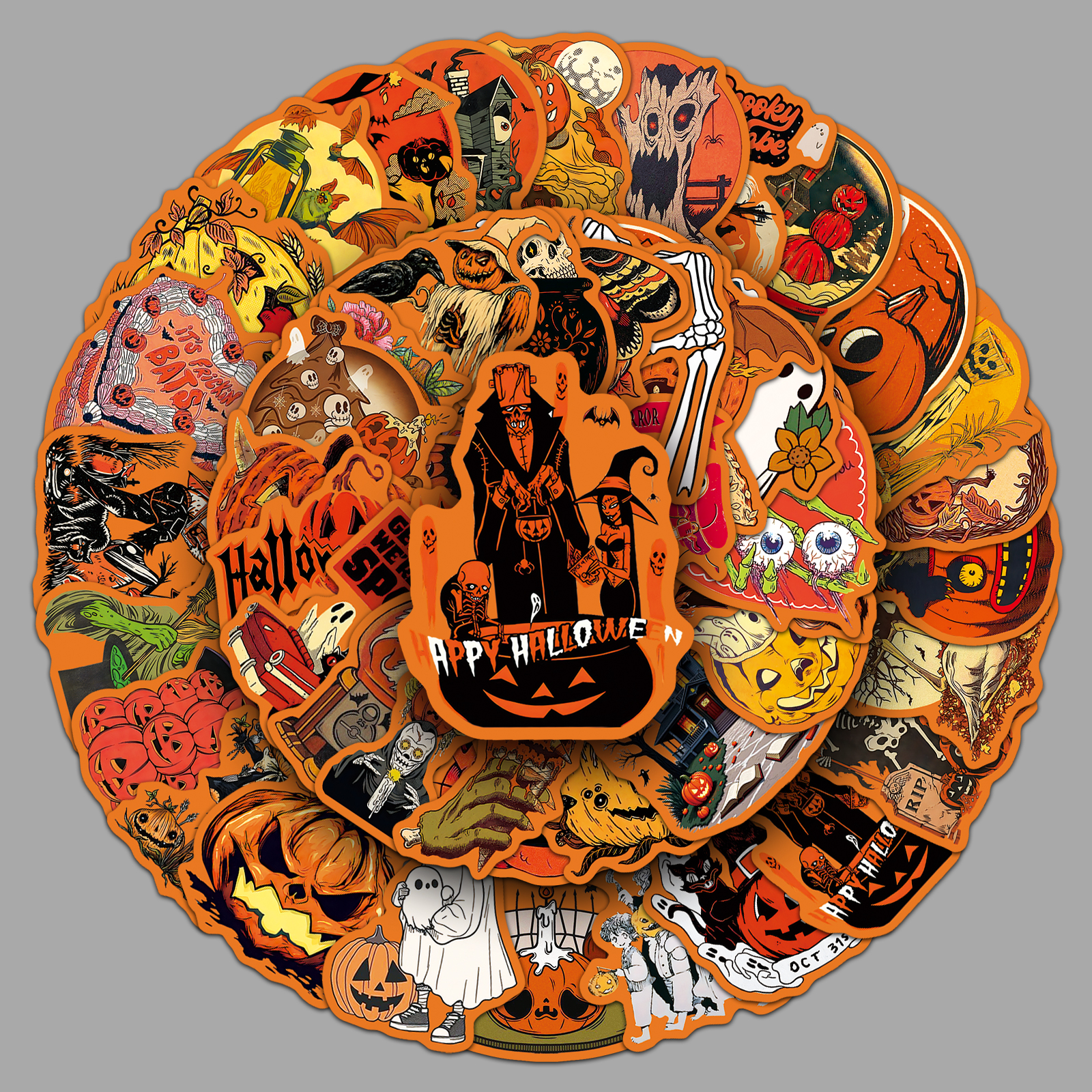 50张复古万圣节装饰贴画趣味卡通DIY墙壁玻璃窗冰箱衣柜防水贴纸