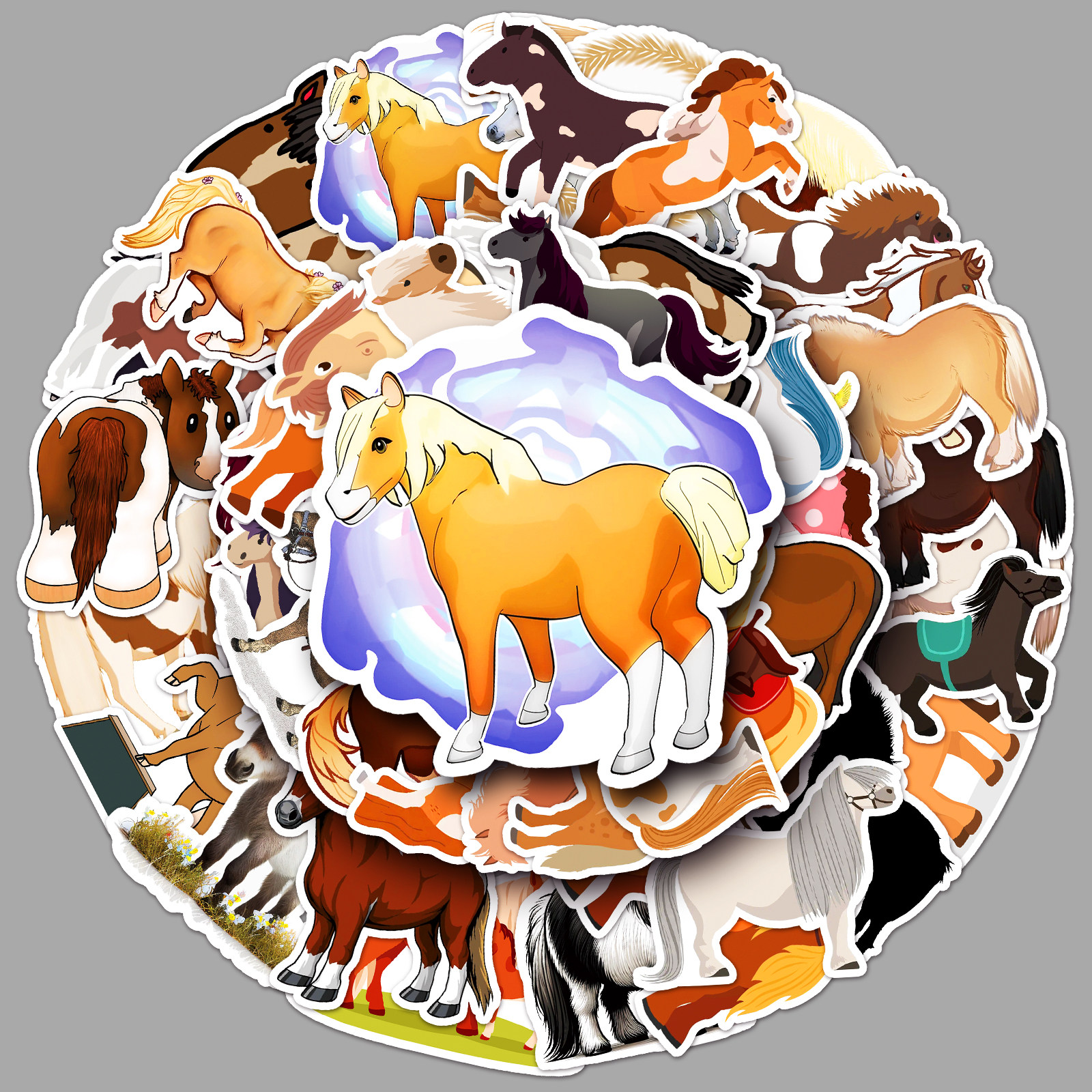 50张矮脚马卡通可爱小马动物不干胶涂鸦手机水杯手账素材防水贴纸