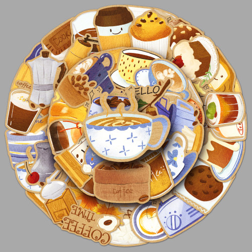50张原创咖啡时间贴纸coffee time防水涂鸦装饰水杯平板手机贴纸