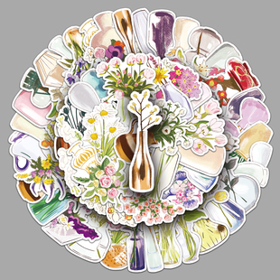 50张原创手绘花瓶贴纸可以INS风小清新花卉装饰手机壳咕卡DIY贴纸