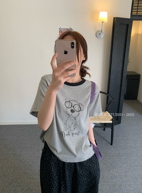 奶思家NICE STUDIO-夏上新工艺眼镜小狗印花休闲短袖T恤w63805