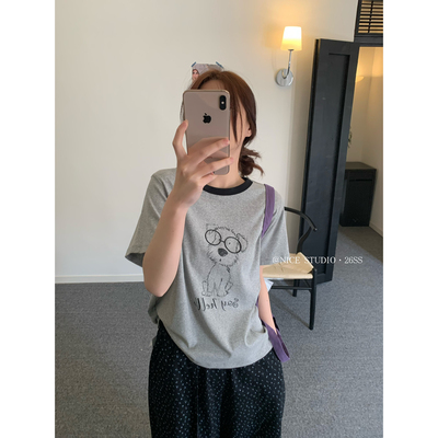 奶思家NICE STUDIO-夏上新工艺眼镜小狗印花休闲短袖T恤w63805