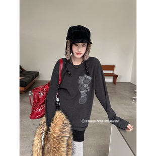 复古字母笑脸印花内里抓绒宽松圆领长袖 美式 T恤625731 FISH