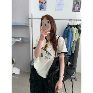 T恤L8815 夏上新撞色领卡通小狗印花史努比短袖 奶思家NICE STUDIO