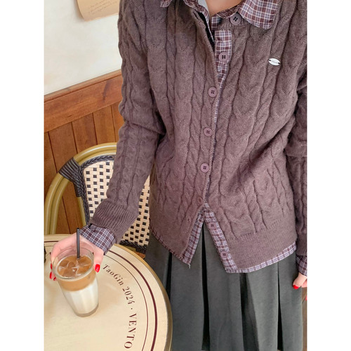 ower April（FA）-麻花纹针织开衫女翻领单排扣软糯外套毛衣97056