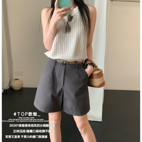 TOP 欧制-搭高智感老钱风四分阔腿短裤休闲短裤(配腰带)20201深灰