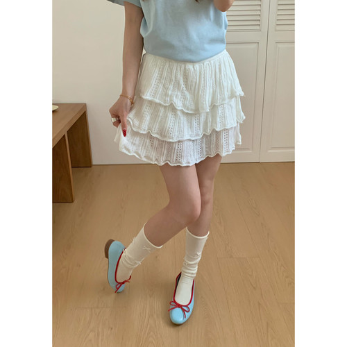 ING-荷叶边钩花针织蛋糕裙女夏季新款百搭A字显瘦短款半身裙w9151