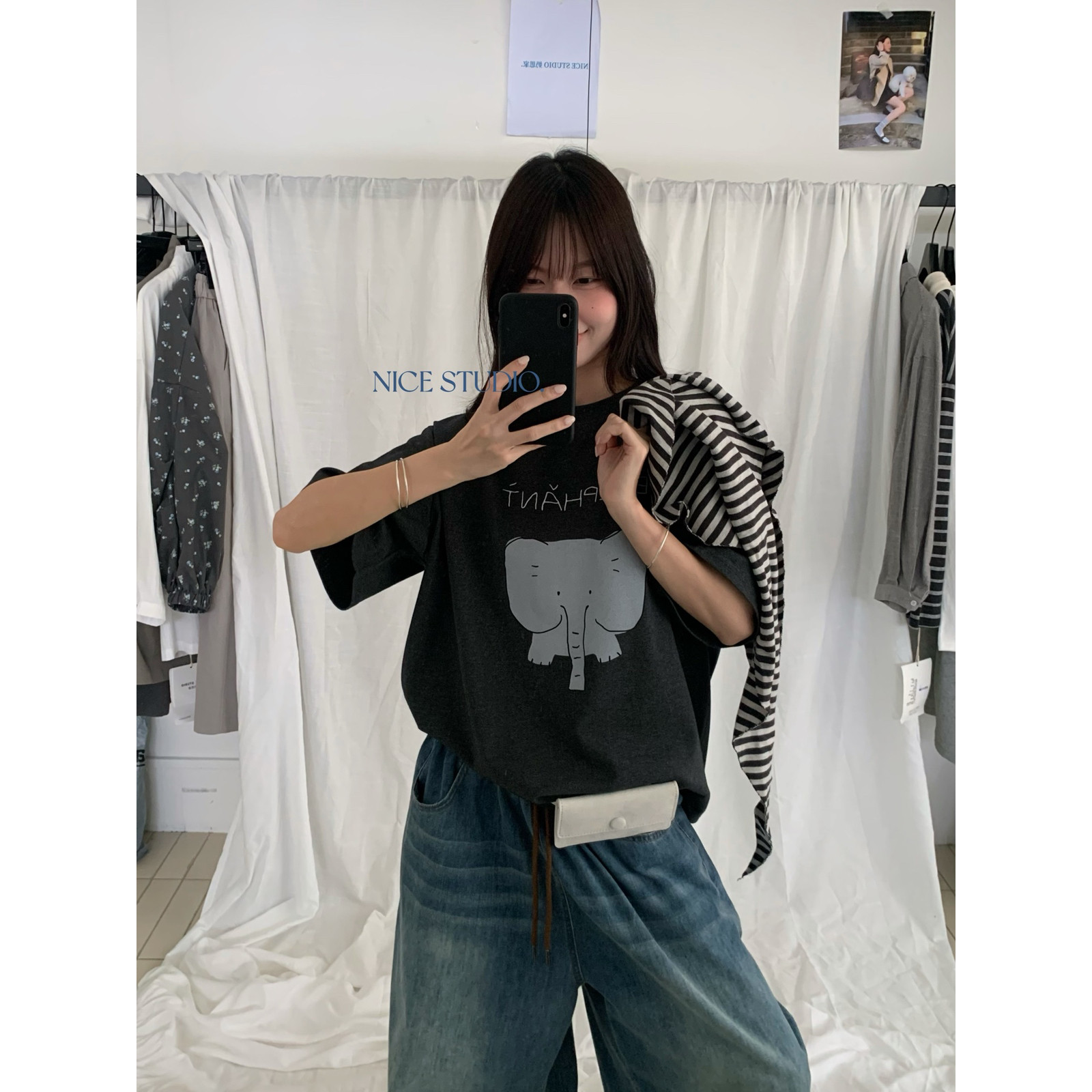 奶思家NICE STUDIO-上新韩系百搭前后小象印花宽松短袖T恤W65026