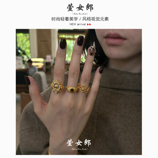 「萱女郎」中古金色拉丝虎眼石戒指复古高颜值轻奢气质食指戒女